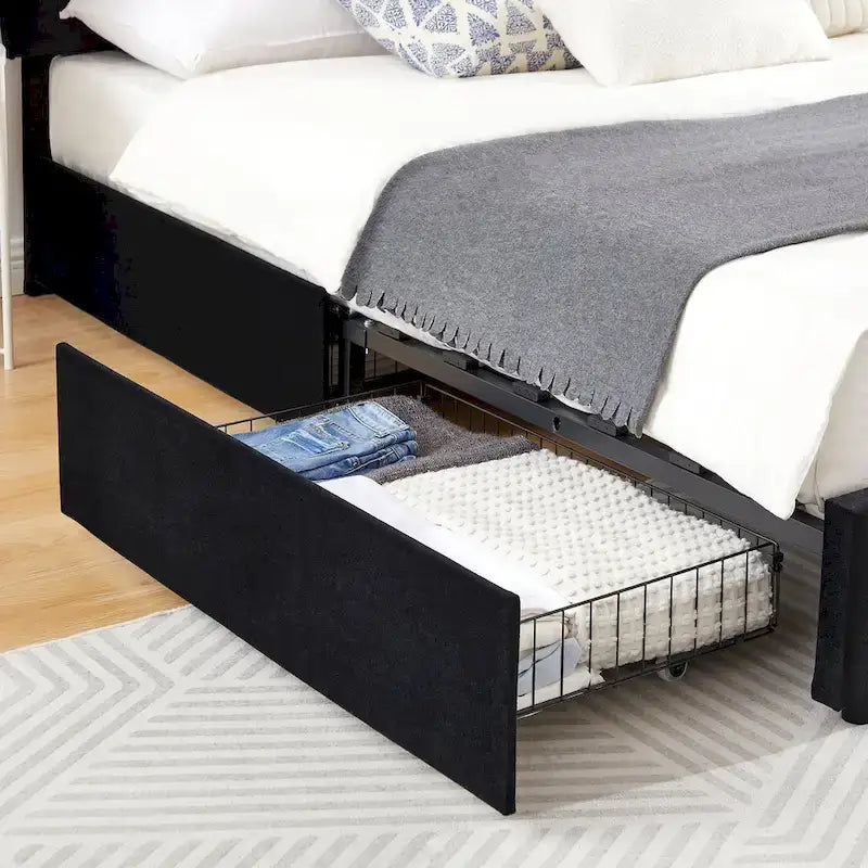 Cadre de lit avec tiroirs de rangement, Lit plateforme rembourré avec tête de lit ajustable