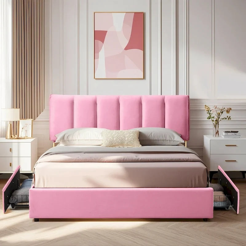 Cadre de lit avec tiroirs de rangement, Lit plateforme rembourré avec tête de lit ajustable