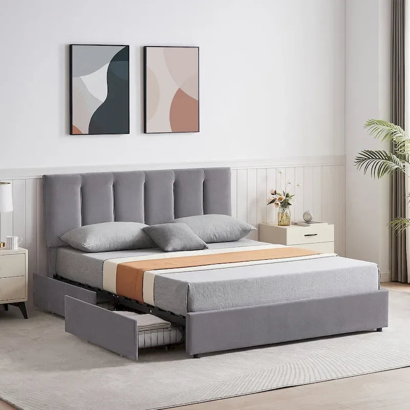 Cadre de lit avec tiroirs de rangement, Lit plateforme rembourré avec tête de lit ajustable