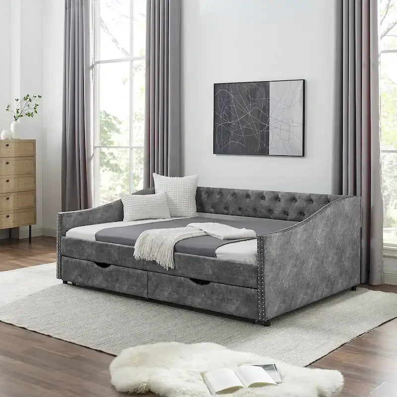 Lit de repos avec tiroirs rembourré capitonné