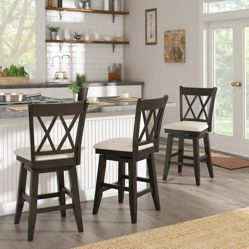 Tabouret de bar pivotant en bois à double dossier en X