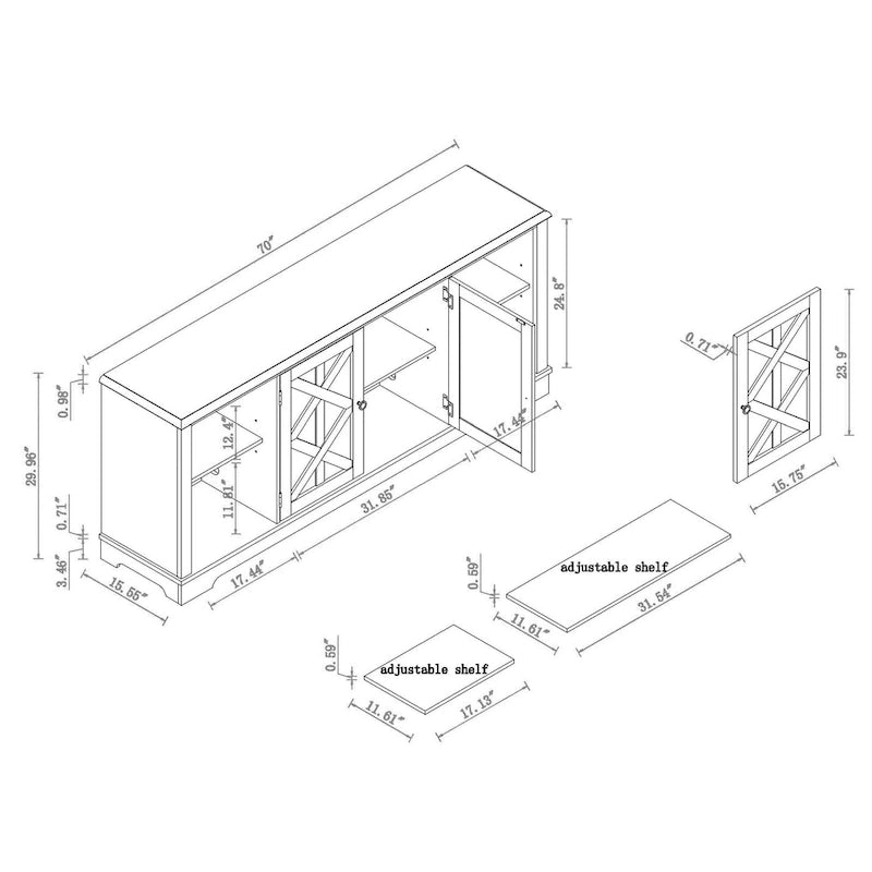 Meuble TV rustique extra-large de 178 cm pour téléviseurs de 80 pouces - Fini bois naturel