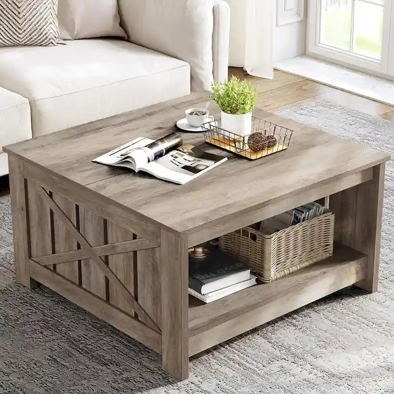 Table basse de ferme avec rangement pour salon, table basse carrée