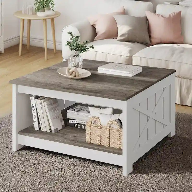 Table basse de ferme avec rangement pour salon, table basse carrée