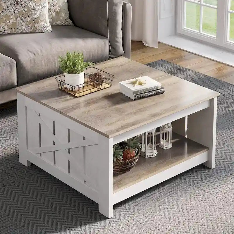 Table basse de ferme avec rangement pour salon, table basse carrée