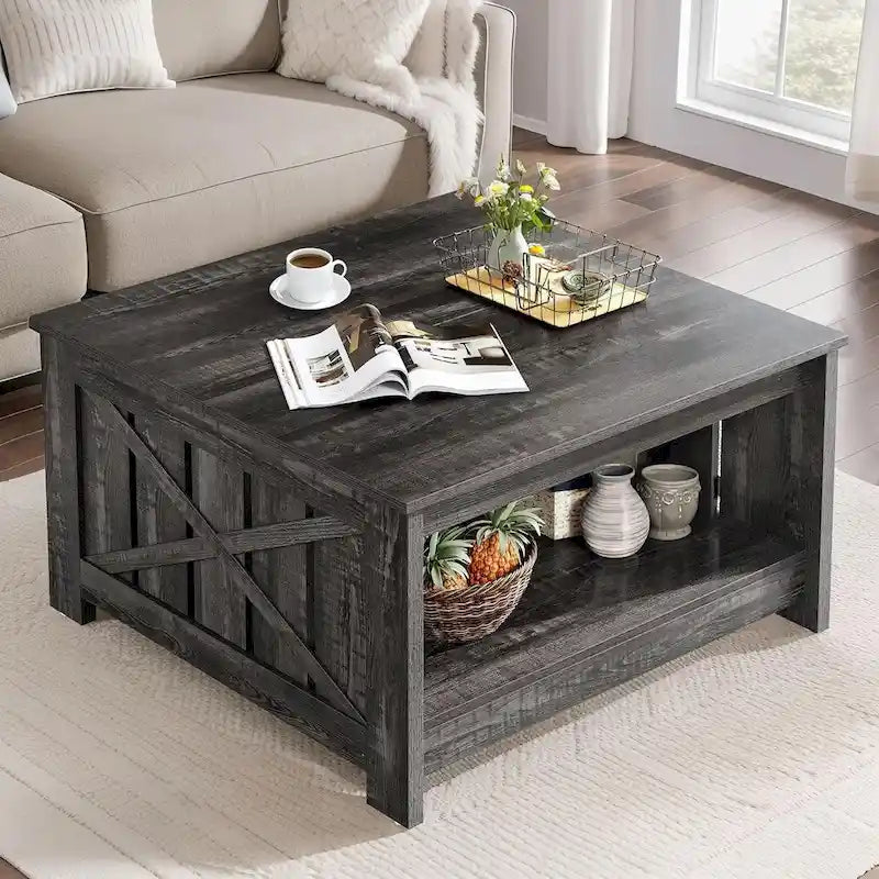 Table basse de ferme avec rangement pour salon, table basse carrée