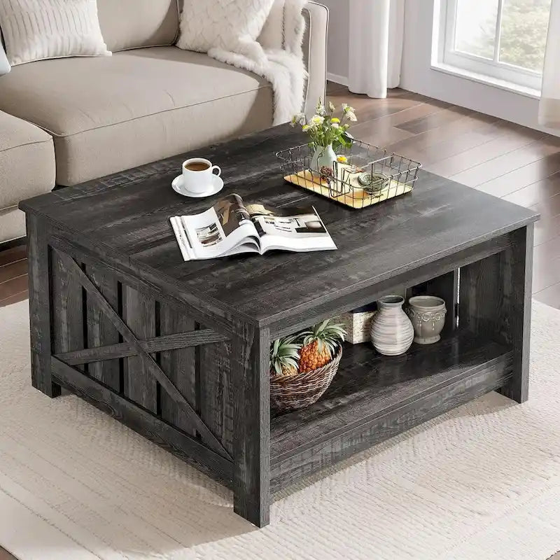 Table basse de ferme avec rangement pour salon, table basse carrée