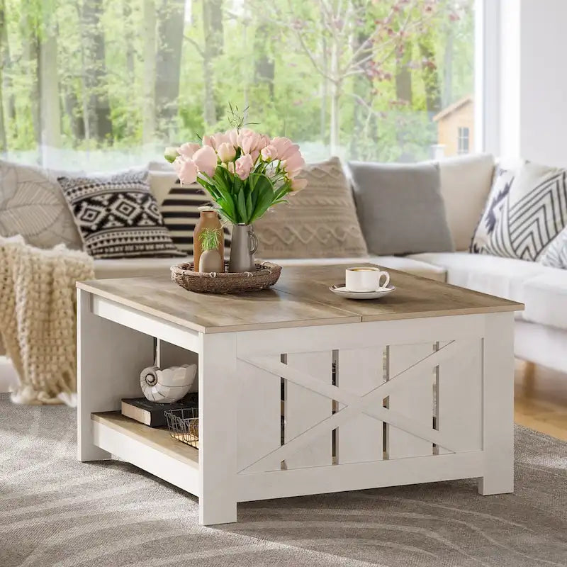 Table basse de ferme avec rangement pour salon, table basse carrée