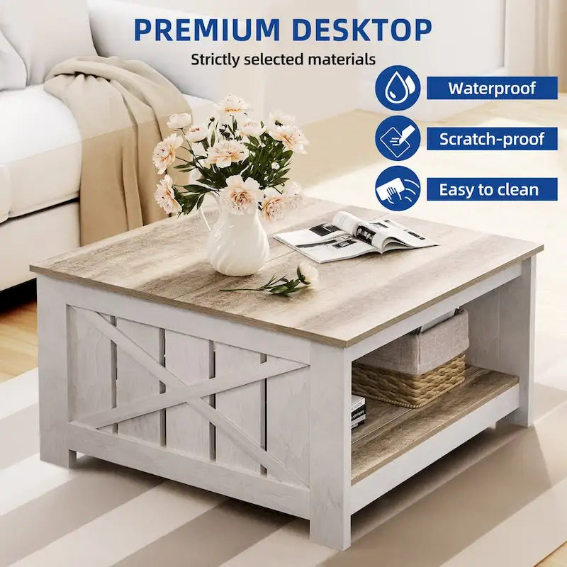 Table basse de ferme avec rangement pour salon, table basse carrée