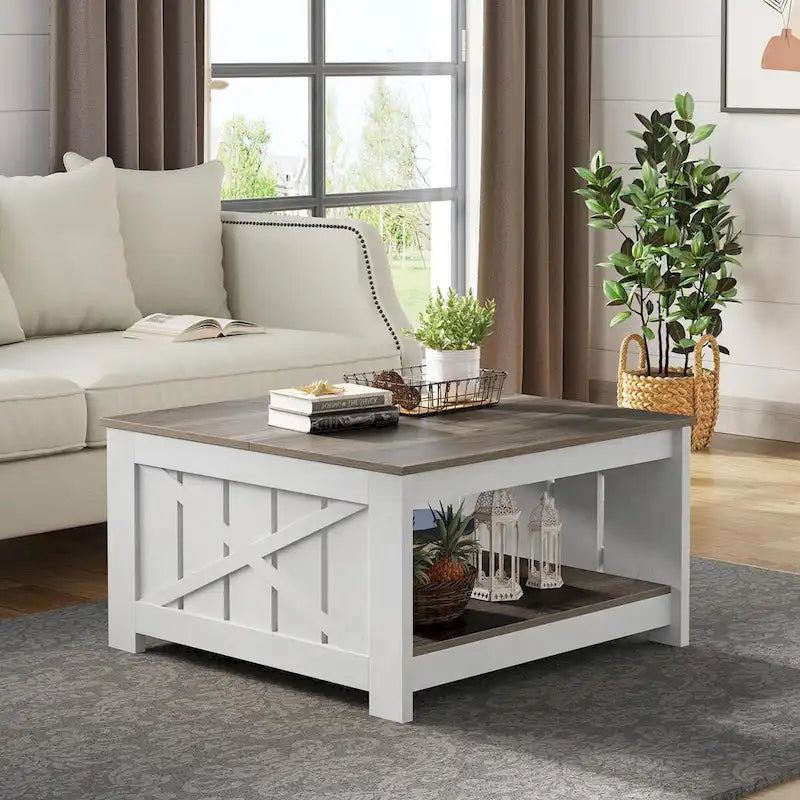 Table basse de ferme avec rangement pour salon, table basse carrée