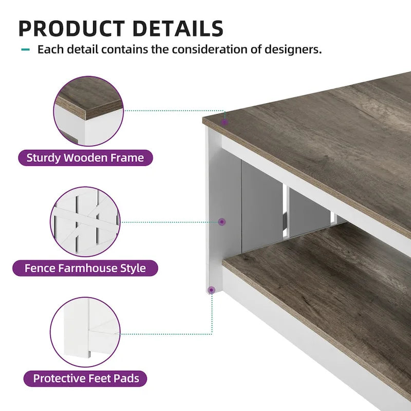 Table basse de ferme avec rangement pour salon, table basse carrée