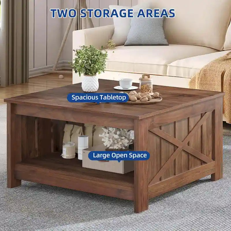 Table basse de ferme avec rangement pour salon, table basse carrée