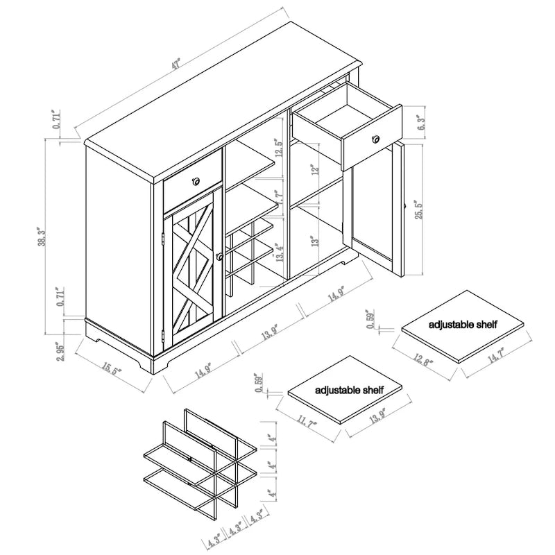 Meuble à vin moderne avec porte en X et porte-bouteilles intégré de 119 cm de largeur