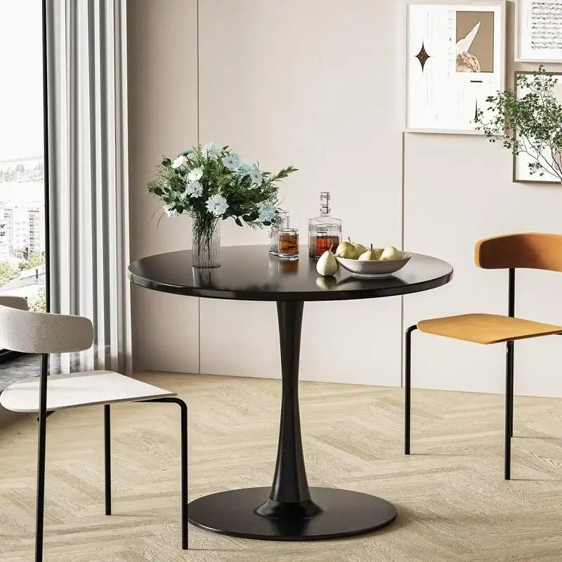 Table de cuisine ou de salle à manger ronde de style Mid-Century Modern avec plateau en MDF de qualité supérieure et pied central en acier pour salle à manger