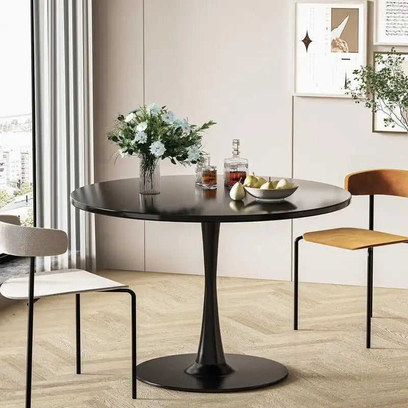 Table de cuisine ou de salle à manger ronde de style Mid-Century Modern avec plateau en MDF de qualité supérieure et pied central en acier pour salle à manger