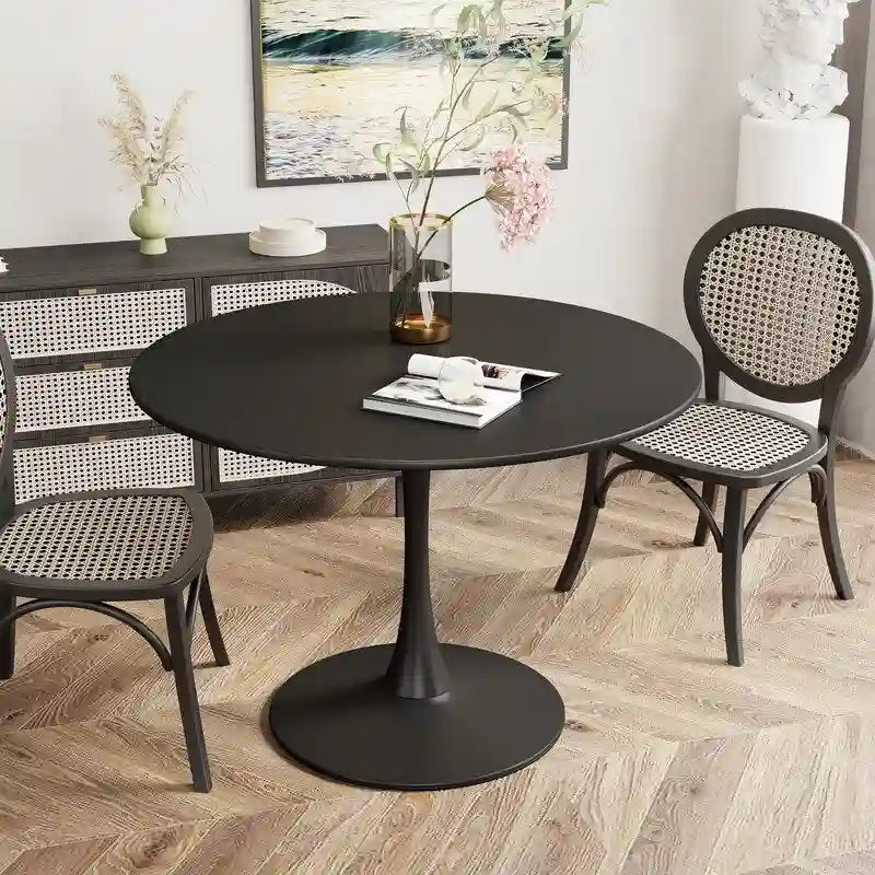 Table de cuisine ou de salle à manger ronde de style Mid-Century Modern avec plateau en MDF de qualité supérieure et pied central en acier pour salle à manger