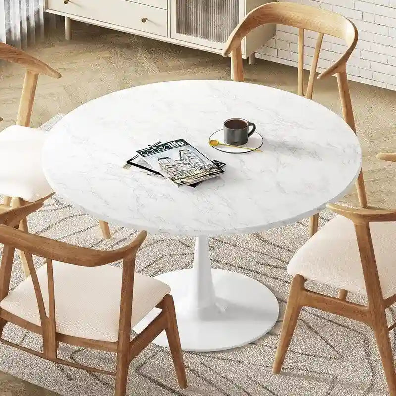 Table de cuisine ou de salle à manger ronde de style Mid-Century Modern avec plateau en MDF de qualité supérieure et pied central en acier pour salle à manger
