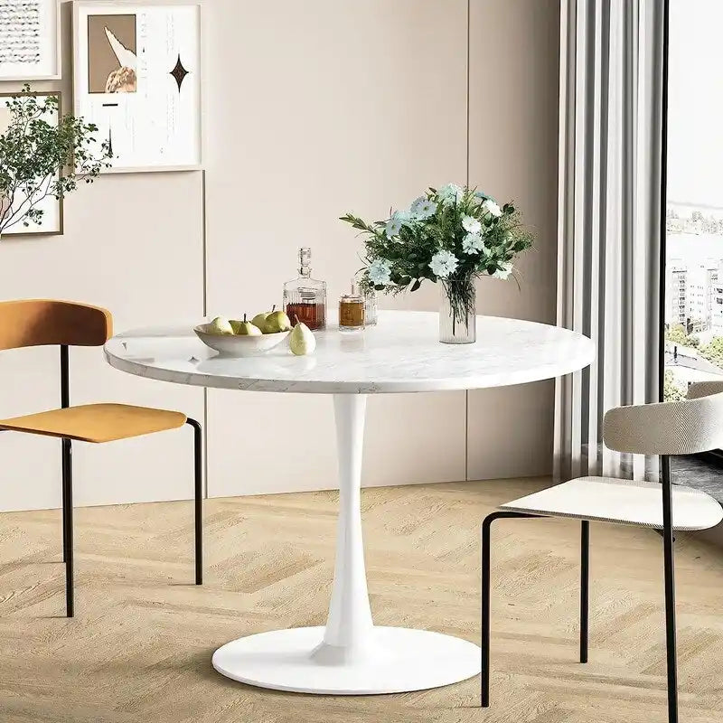 Table de cuisine ou de salle à manger ronde de style Mid-Century Modern avec plateau en MDF de qualité supérieure et pied central en acier pour salle à manger