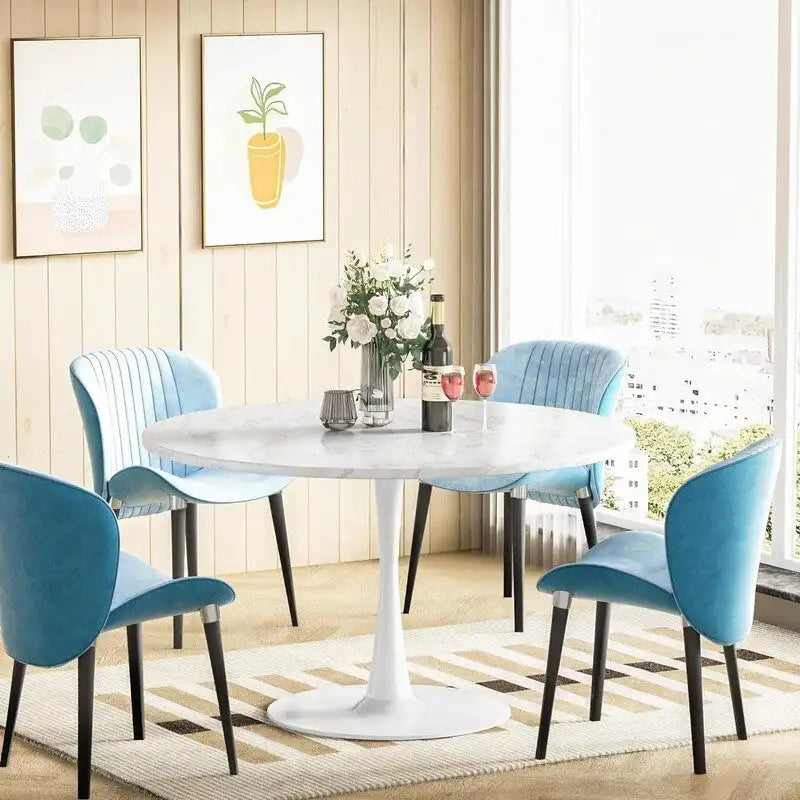 Table de cuisine ou de salle à manger ronde de style Mid-Century Modern avec plateau en MDF de qualité supérieure et pied central en acier pour salle à manger