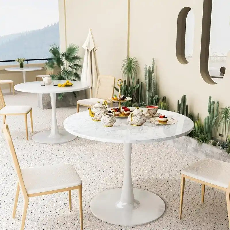 Table de cuisine ou de salle à manger ronde de style Mid-Century Modern avec plateau en MDF de qualité supérieure et pied central en acier pour salle à manger