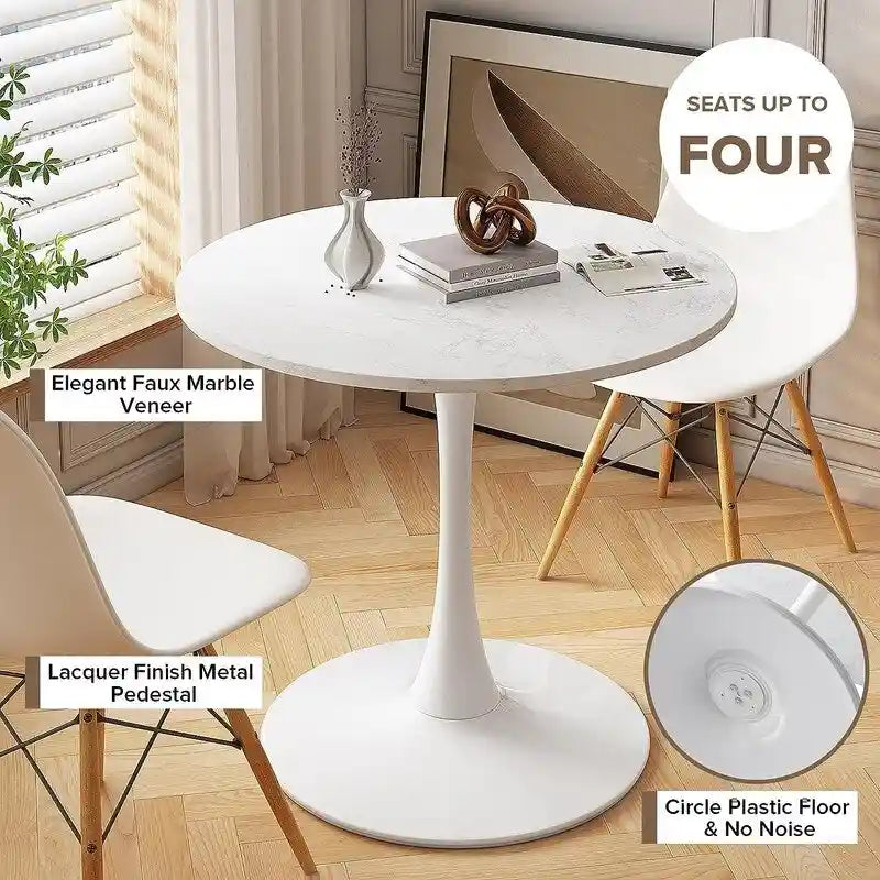 Table de cuisine ou de salle à manger ronde de style Mid-Century Modern avec plateau en MDF de qualité supérieure et pied central en acier pour salle à manger