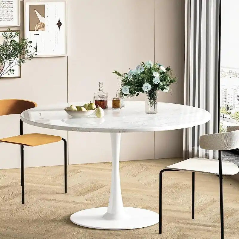 Table de cuisine ou de salle à manger ronde de style Mid-Century Modern avec plateau en MDF de qualité supérieure et pied central en acier pour salle à manger