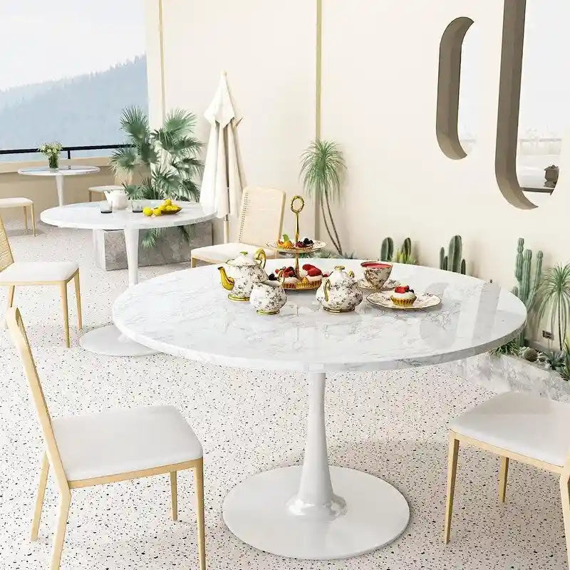 Table de cuisine ou de salle à manger ronde de style Mid-Century Modern avec plateau en MDF de qualité supérieure et pied central en acier pour salle à manger