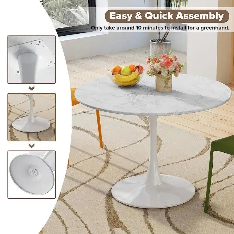 Table de cuisine ou de salle à manger ronde de style Mid-Century Modern avec plateau en MDF de qualité supérieure et pied central en acier pour salle à manger