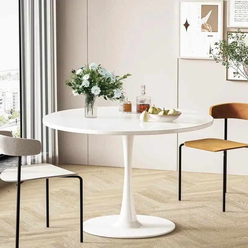 Table de cuisine ou de salle à manger ronde de style Mid-Century Modern avec plateau en MDF de qualité supérieure et pied central en acier pour salle à manger