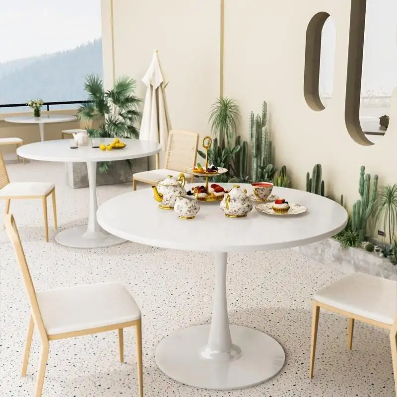 Table de cuisine ou de salle à manger ronde de style Mid-Century Modern avec plateau en MDF de qualité supérieure et pied central en acier pour salle à manger