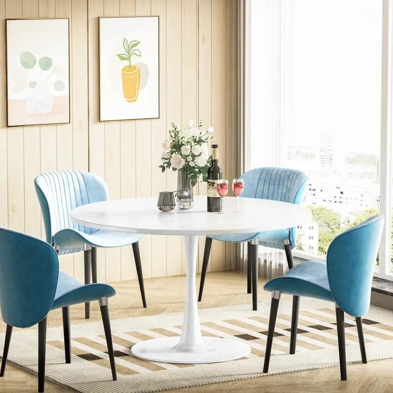 Table de cuisine ou de salle à manger ronde de style Mid-Century Modern avec plateau en MDF de qualité supérieure et pied central en acier pour salle à manger