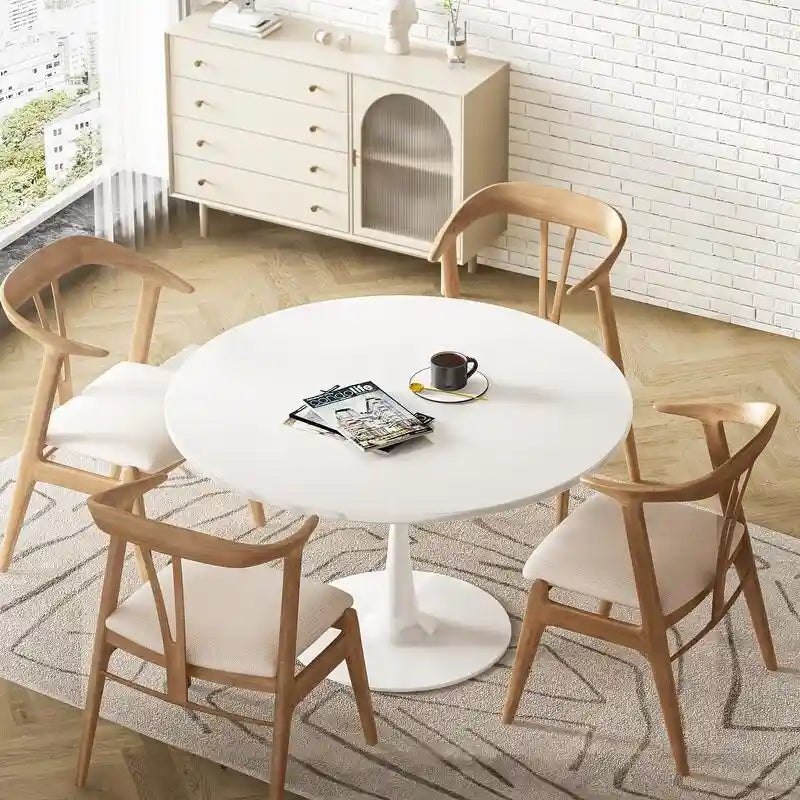 Table de cuisine ou de salle à manger ronde de style Mid-Century Modern avec plateau en MDF de qualité supérieure et pied central en acier pour salle à manger