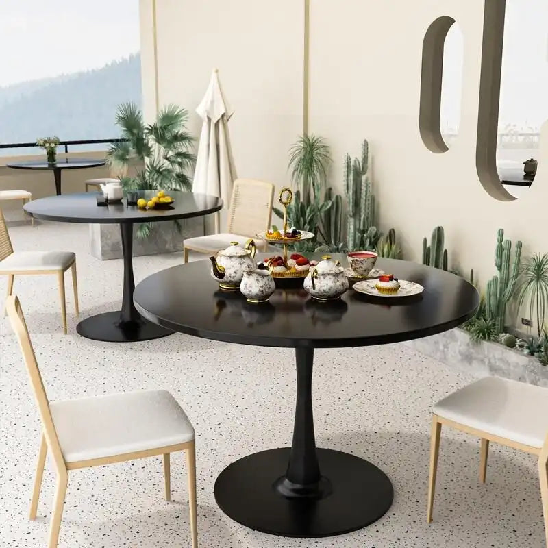 Table de cuisine ou de salle à manger ronde de style Mid-Century Modern avec plateau en MDF de qualité supérieure et pied central en acier pour salle à manger