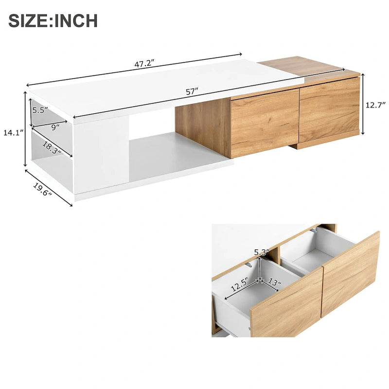 Table basse extensible avec 2 tiroirs de rangement