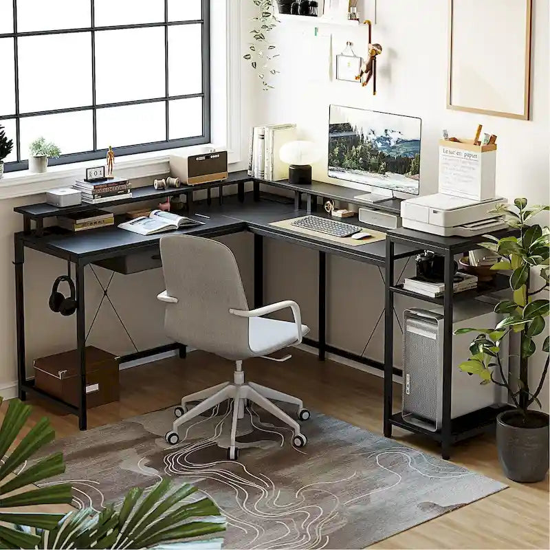 Bureau d'ordinateur de 172 cm avec tiroir de classement et prise de courant, lumières LED