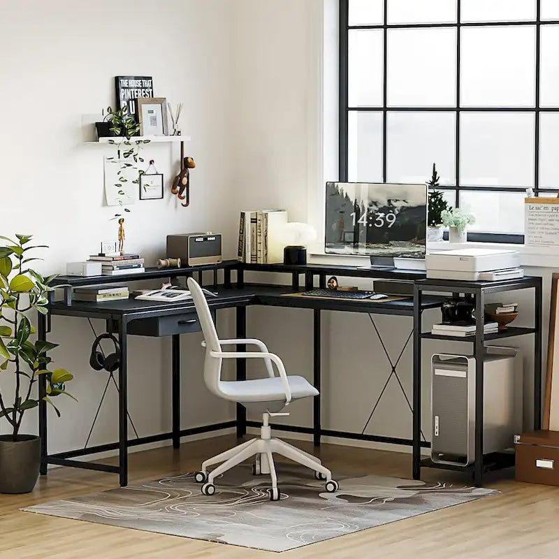 Bureau d'ordinateur de 172 cm avec tiroir de classement et prise de courant, lumières LED