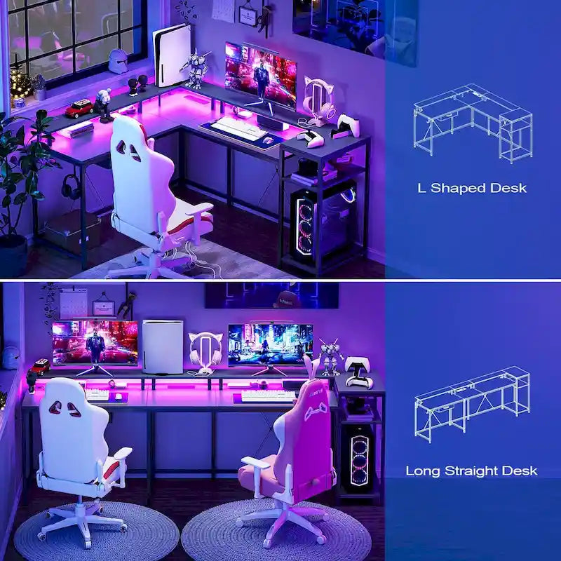 Bureau d'ordinateur de 172 cm avec tiroir de classement et prise de courant, lumières LED