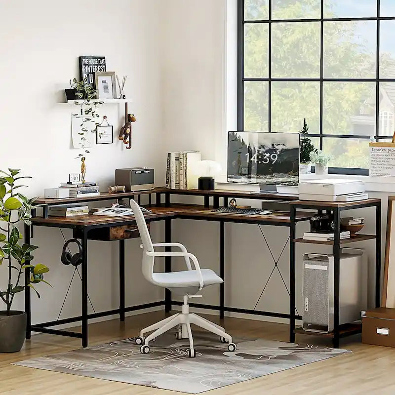 Bureau d'ordinateur de 172 cm avec tiroir de classement et prise de courant, lumières LED