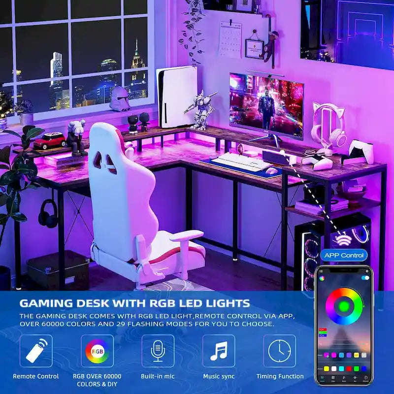 Bureau d'ordinateur de 172 cm avec tiroir de classement et prise de courant, lumières LED