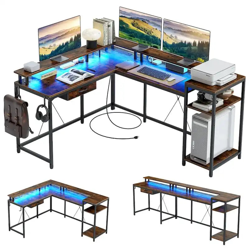 Bureau d'ordinateur de 172 cm avec tiroir de classement et prise de courant, lumières LED