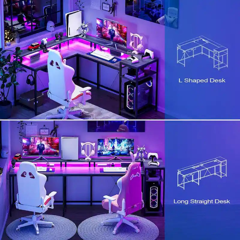 Bureau d'ordinateur de 172 cm avec tiroir de classement et prise de courant, lumières LED