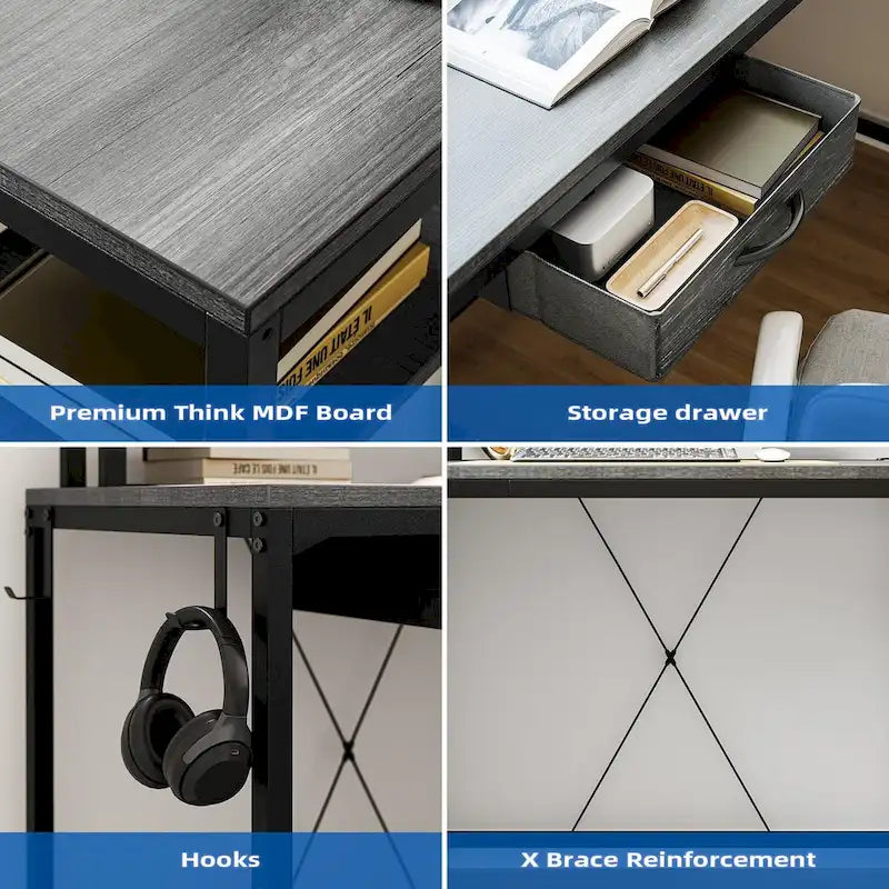 Bureau d'ordinateur de 172 cm avec tiroir de classement et prise de courant, lumières LED