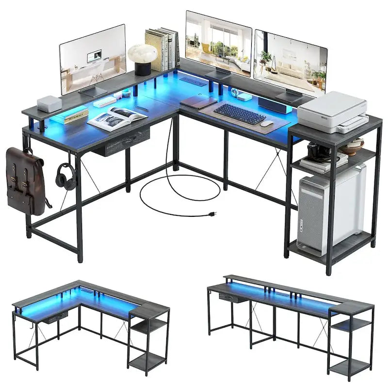 Bureau d'ordinateur de 172 cm avec tiroir de classement et prise de courant, lumières LED