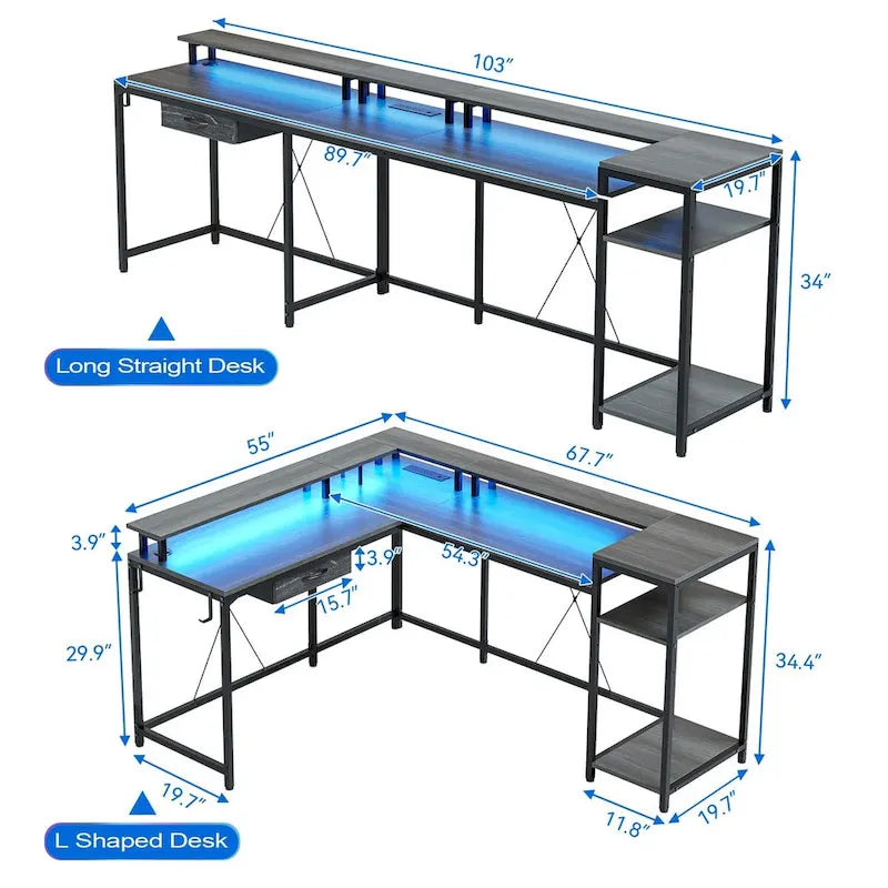 Bureau d'ordinateur de 172 cm avec tiroir de classement et prise de courant, lumières LED