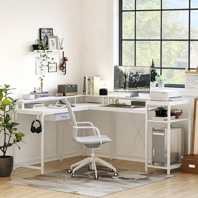 Bureau d'ordinateur de 172 cm avec tiroir de classement et prise de courant, lumières LED