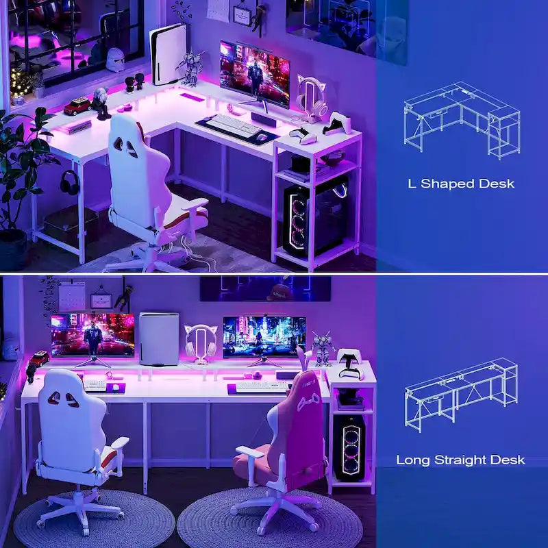 Bureau d'ordinateur de 172 cm avec tiroir de classement et prise de courant, lumières LED