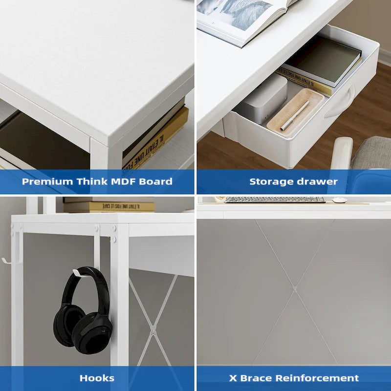 Bureau d'ordinateur de 172 cm avec tiroir de classement et prise de courant, lumières LED