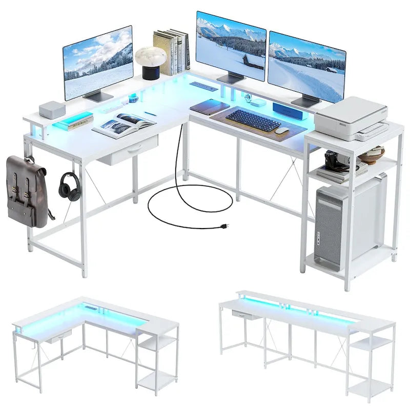 Bureau d'ordinateur de 172 cm avec tiroir de classement et prise de courant, lumières LED