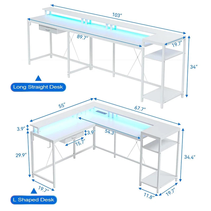 Bureau d'ordinateur de 172 cm avec tiroir de classement et prise de courant, lumières LED