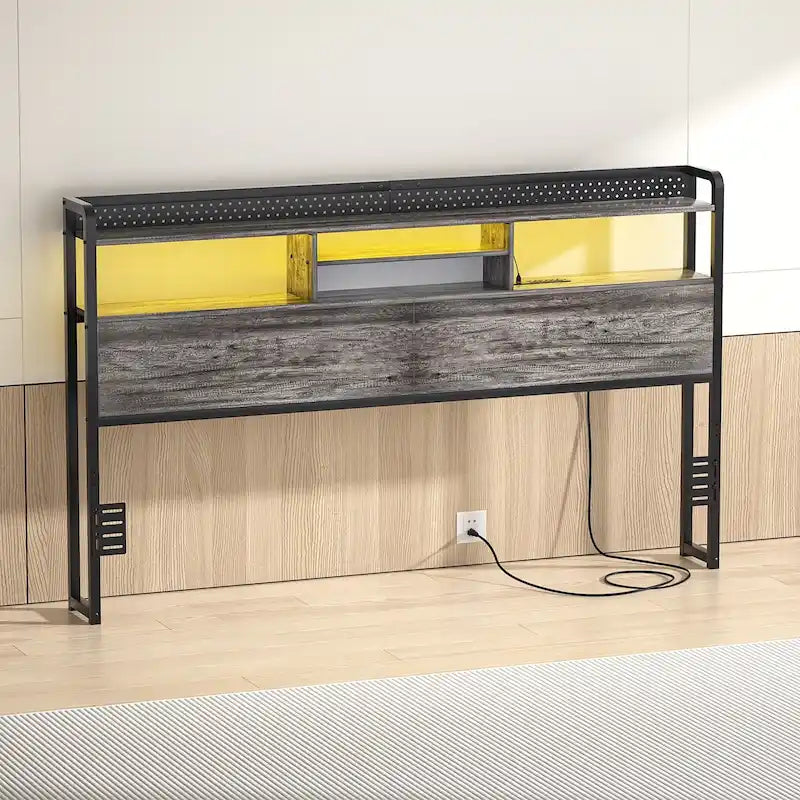 Tête de lit avec étagère de rangement et station de recharge, tête de lit réglable en hauteur avec éclairage LED